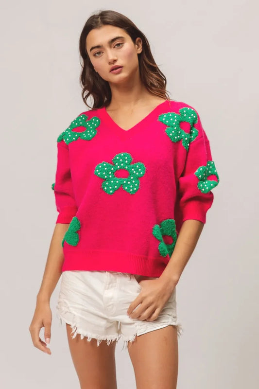 TEEK - Fuchsia Jade Pearl Beads Flowers Sweater Top TOPS TEEK Trend