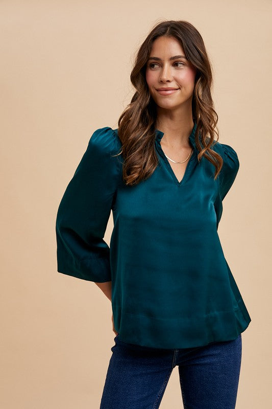 TEEK - Deep Teal Satin Notched Three-Quarter Sleeve Blouse TOPS TEEK Trend