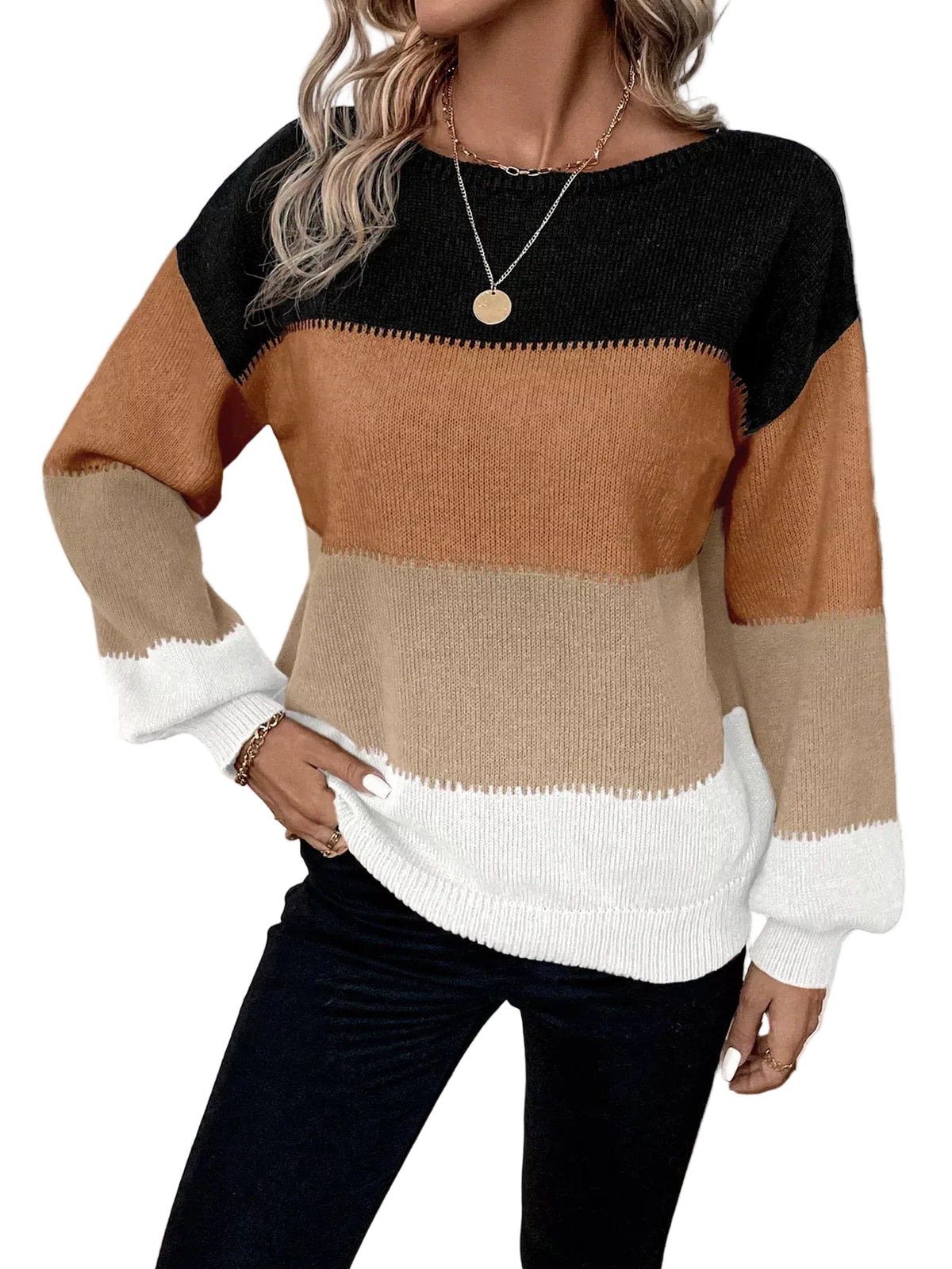 TEEK - Color Block Round Neck Knit Sweater TOPS TEEK Trend Dark Brown S