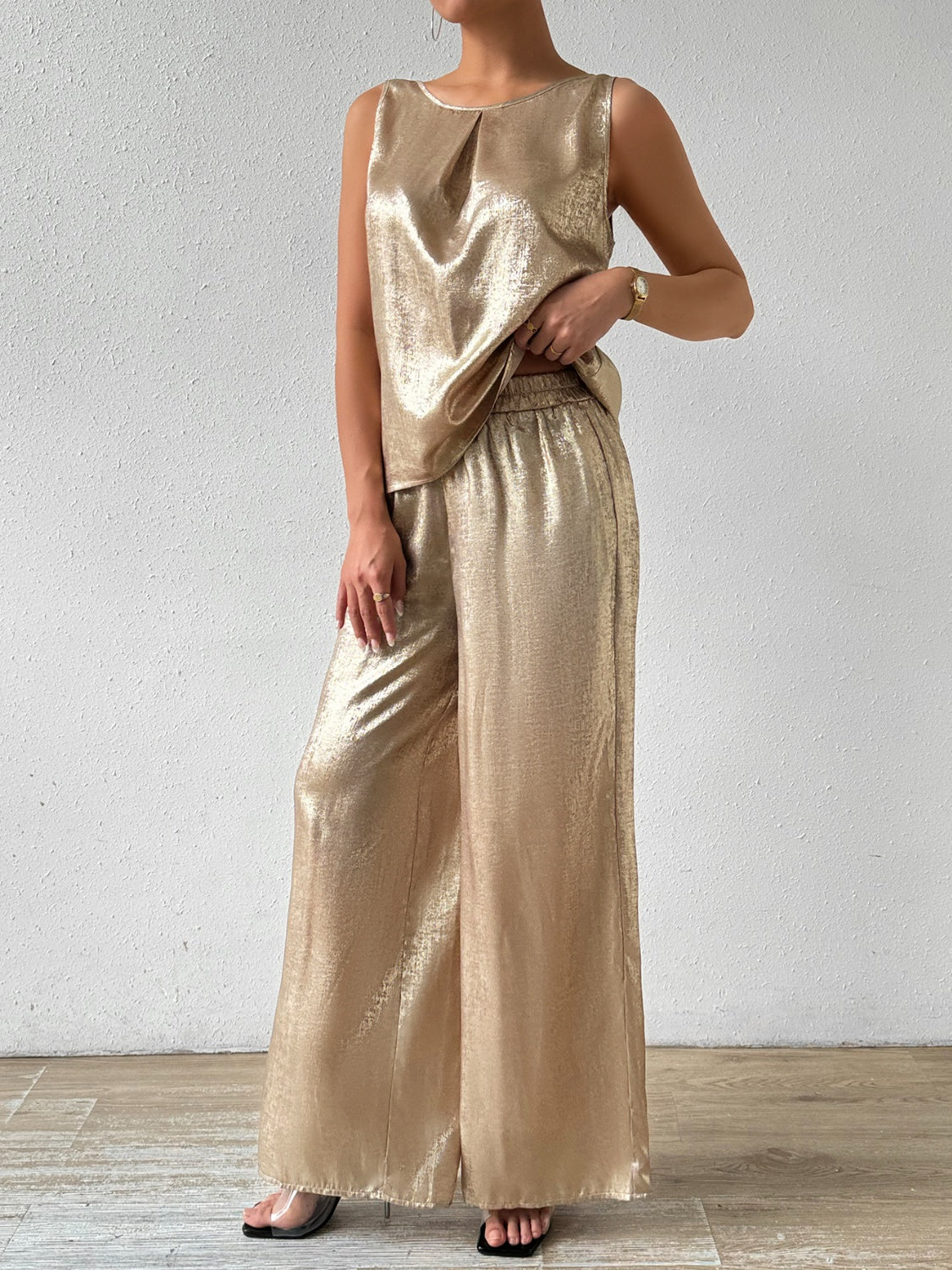 TEEK - Golden Round Neck Sleeveless Top Pants Set SET TEEK Trend