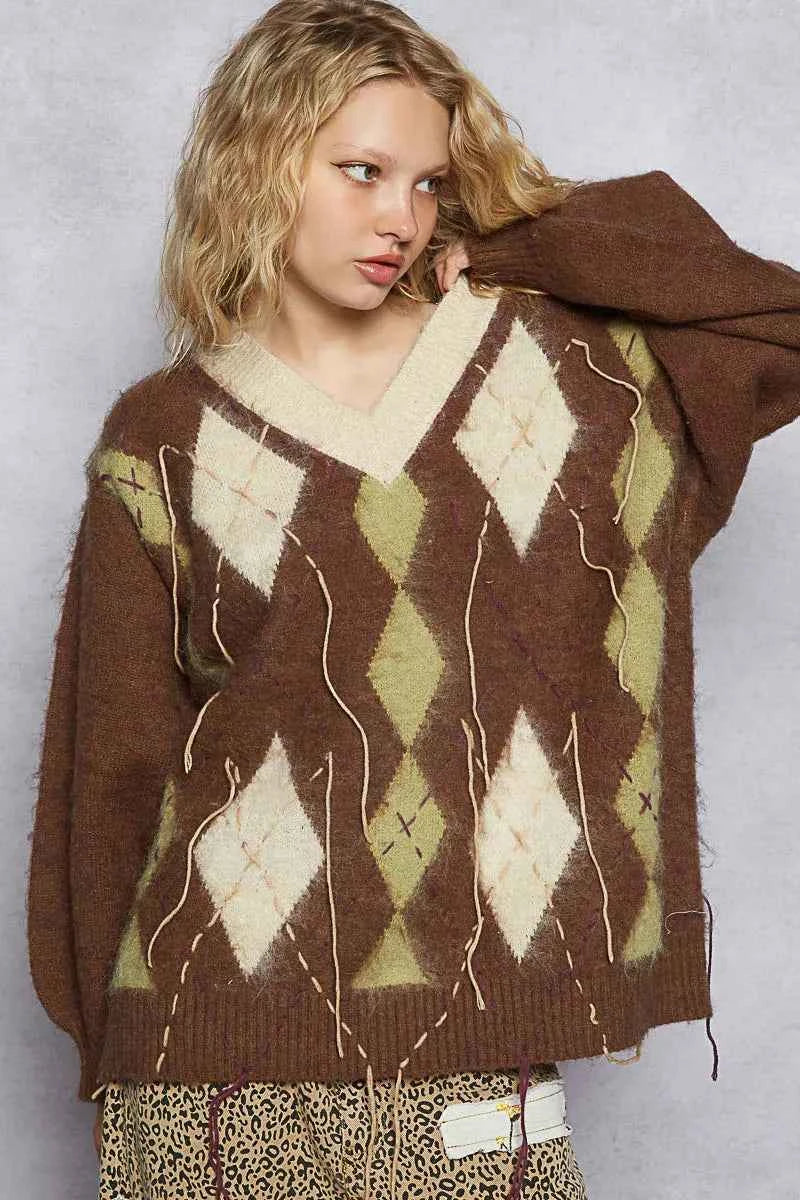 TEEK - V-Neck Argyle Pattern Mohair Contrast Exposed Stitch Sweater TOPS TEEK Trend