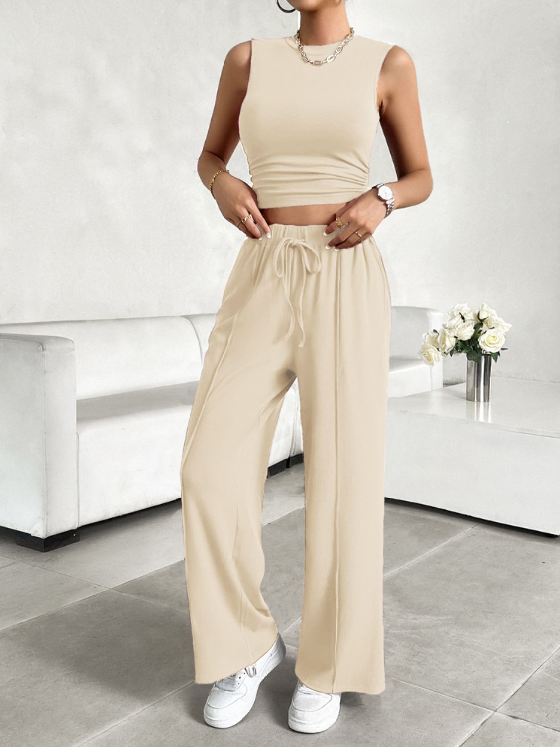 TEEK - Mock Neck Sleeveless Top Drawstring Pants Set SET TEEK Trend