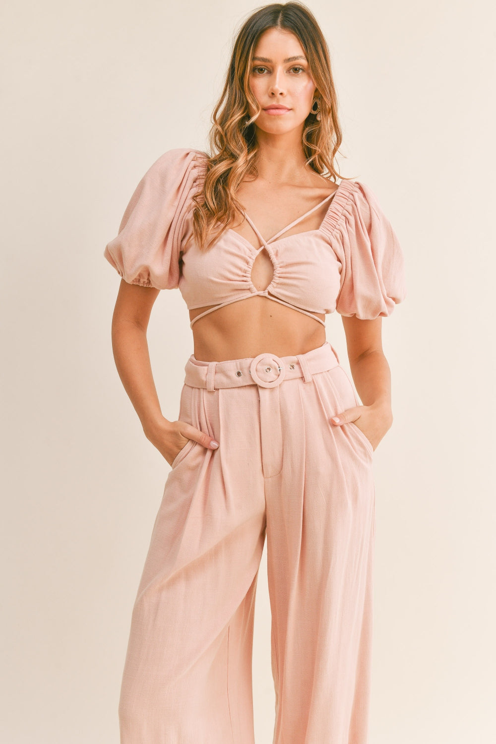 TEEK - Dusty Pink Cut Out Drawstring Crop Top Belted Pants Set SET TEEK Trend