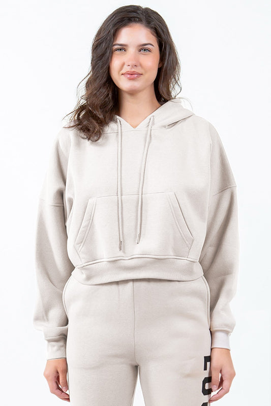 TEEK - Beige Los Angeles Bold Drawstring Cropped Hoodie TOPS TEEK Trend