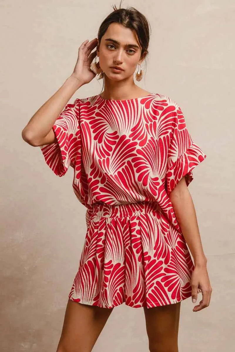 TEEK - Print Woven Ruffled Sleeves Top TOPS TEEK Trend