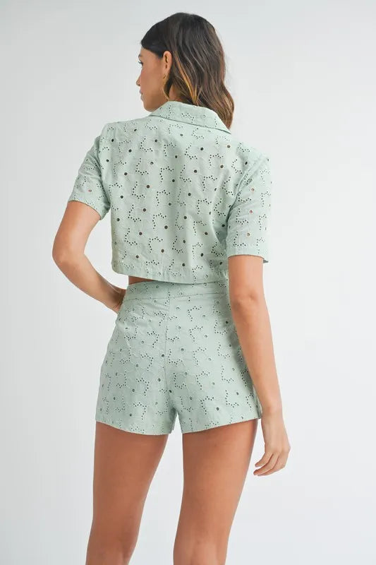 TEEK - Mint Eyelet Short Sleeve Crop Top Shorts Set SET TEEK Trend