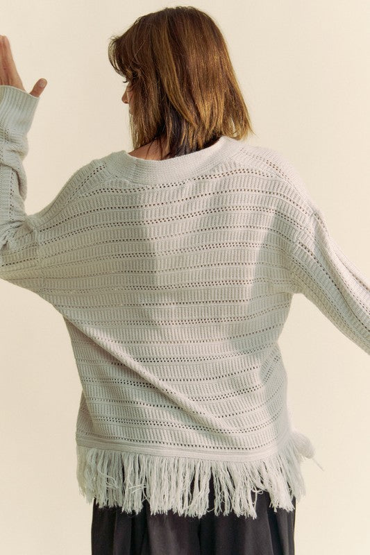 TEEK - Silver Grey Fringe V-Neck Button Up Long Sleeve Cardigan SWEATER TEEK Trend