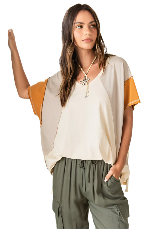 TEEK - Color Block V-Neck Short Sleeve T-Shirt TOPS TEEK Trend Natural Combo S/M