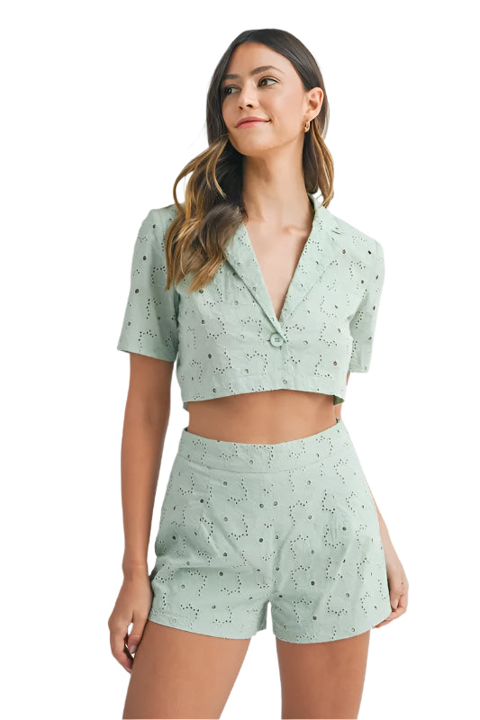 TEEK - Mint Eyelet Short Sleeve Crop Top Shorts Set SET TEEK Trend S