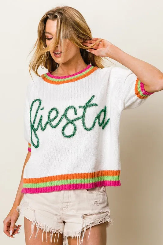 TEEK - Green FIESTA Metallic Short Puff Sleeve Sweater TOPS TEEK Trend
