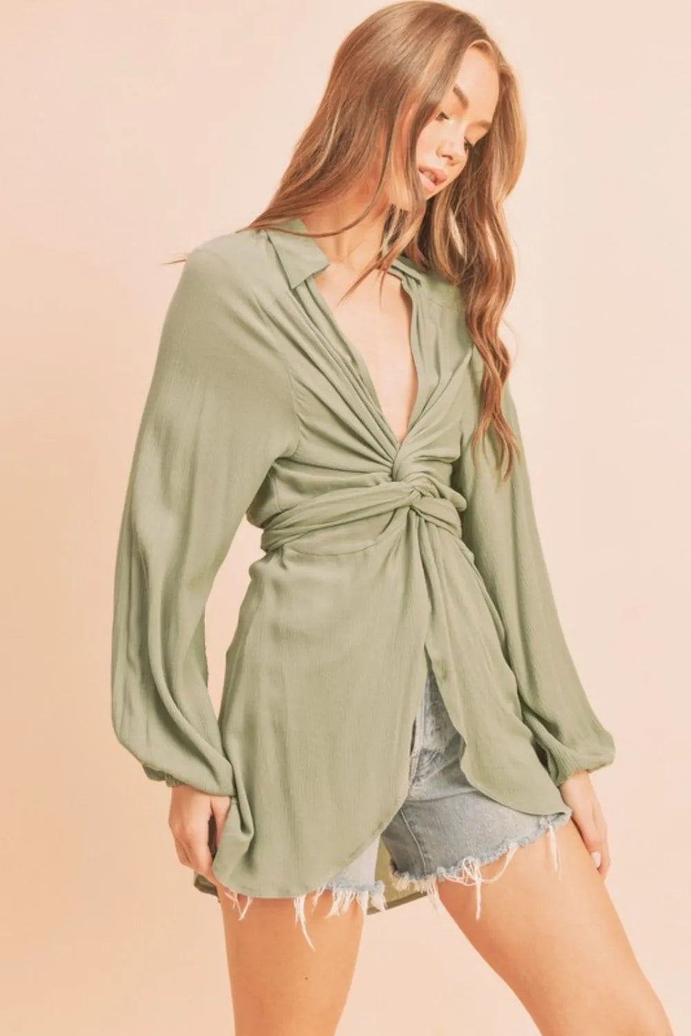 TEEK - Sage Tied Collared Neck Long Sleeve Top TOPS TEEK Trend