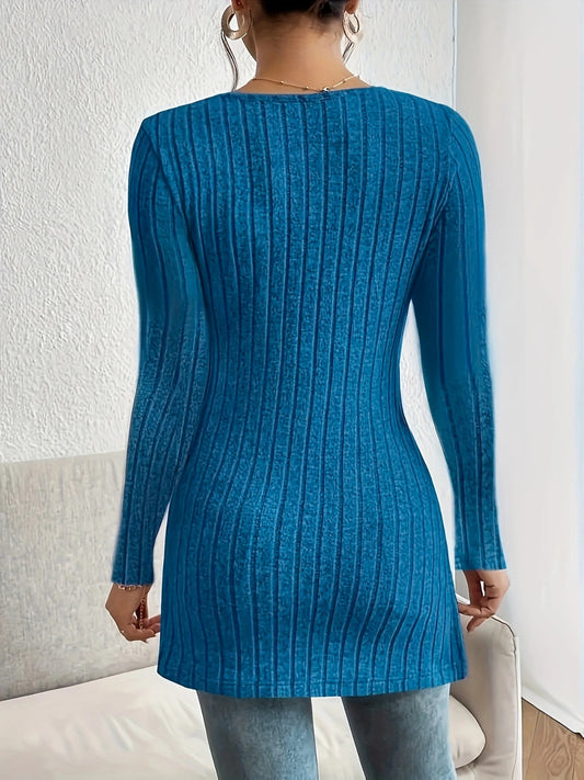 TEEK - Sky Blue Slit Ribbed V-Neck Long Sleeve Top TOPS TEEK Trend