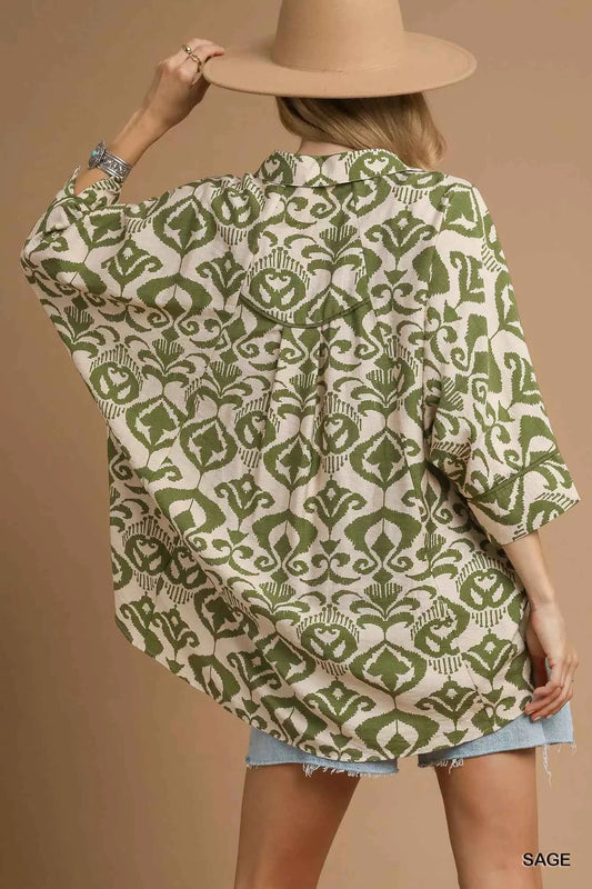 Umgee Abstract Print Button-Up Oversized Shirt