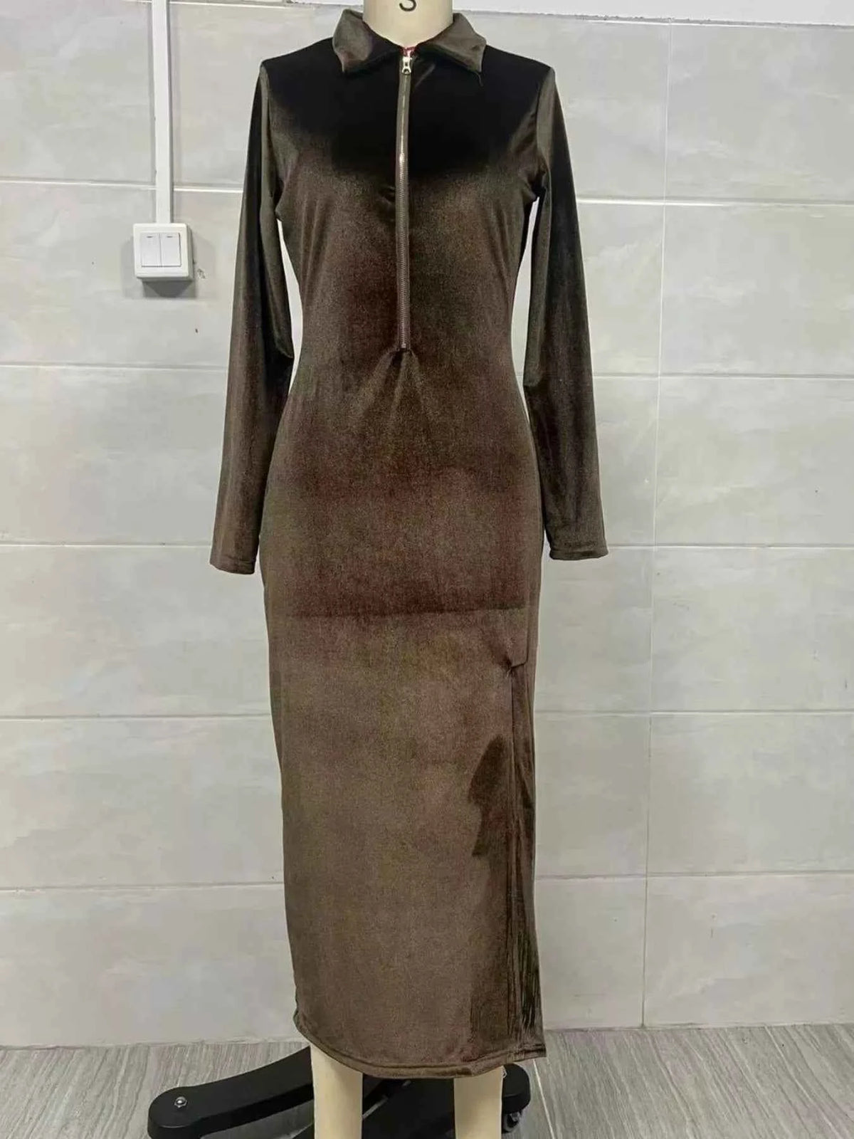 TEEK - Velvet Zip-Front Slit Midi Dress DRESS TEEK Trend
