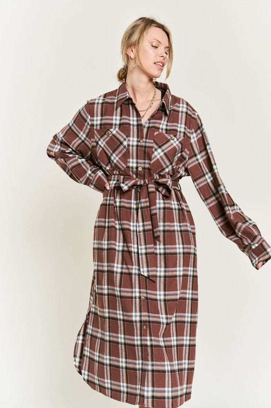 TEEK - PLUS SIZE PLAID PRINT COLLAR LONG SHIRT DRESS DRESS TEEK FG