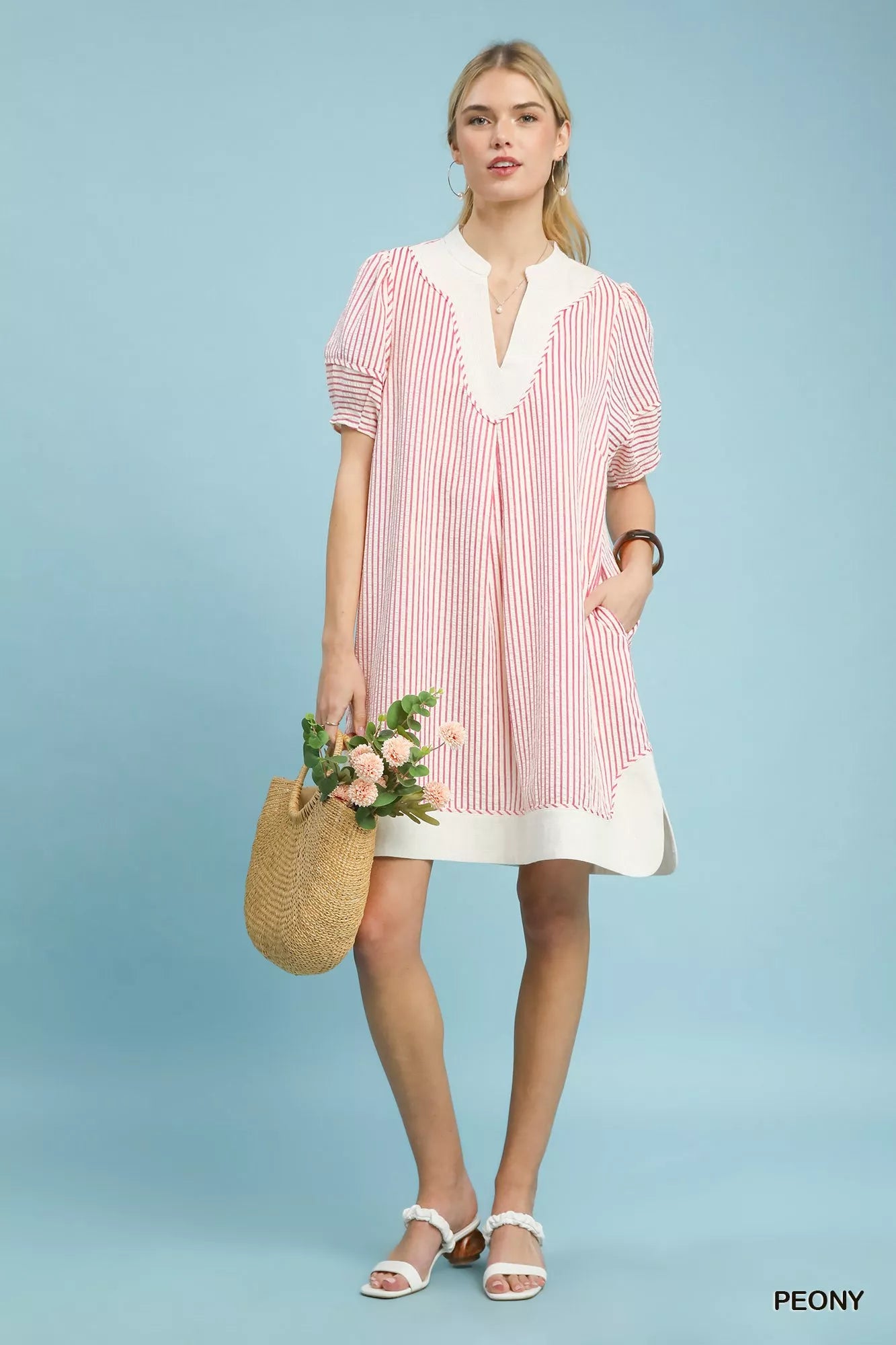 Umgee Pinstripe Shift Dress with Contrast Trim Trendsi