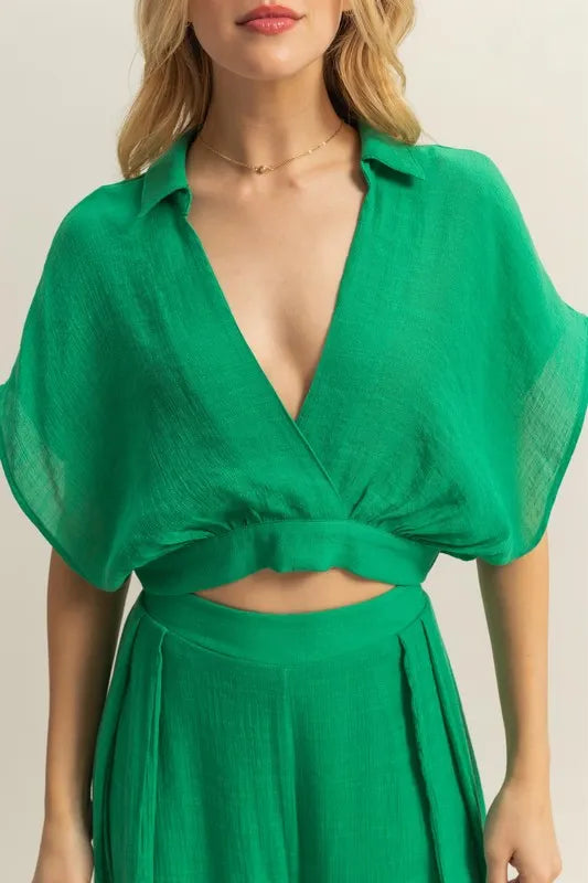 TEEK - Green Kimono Sleeve Crop Top Wide Leg Pants Set SET TEEK Trend