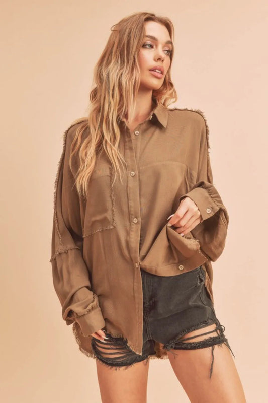 TEEK - Camel Raw Edge Exposed Seam Collared Long Sleeve Shirt TOPS TEEK Trend