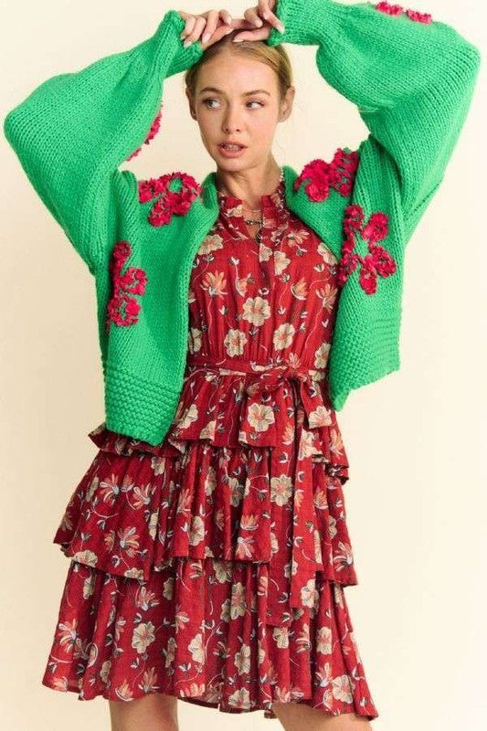 TEEK - Green Floral Applique Open Front Cardigan SWEATER TEEK Trend