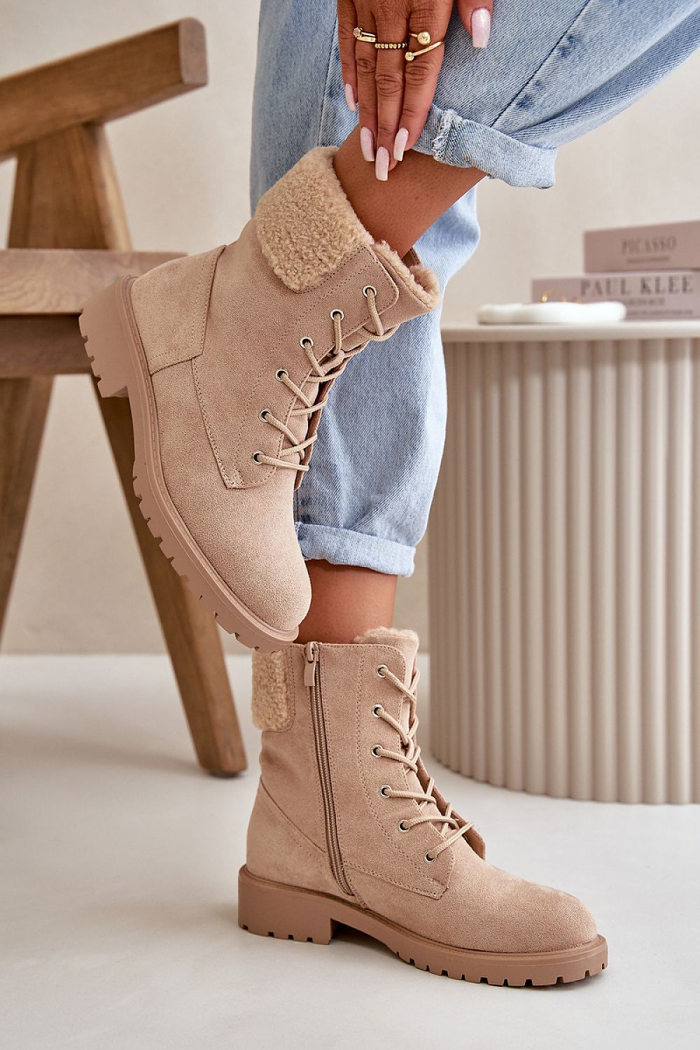 TEEK - Laced Fuzz Ankle Booties SHOES TEEK MH beige 6