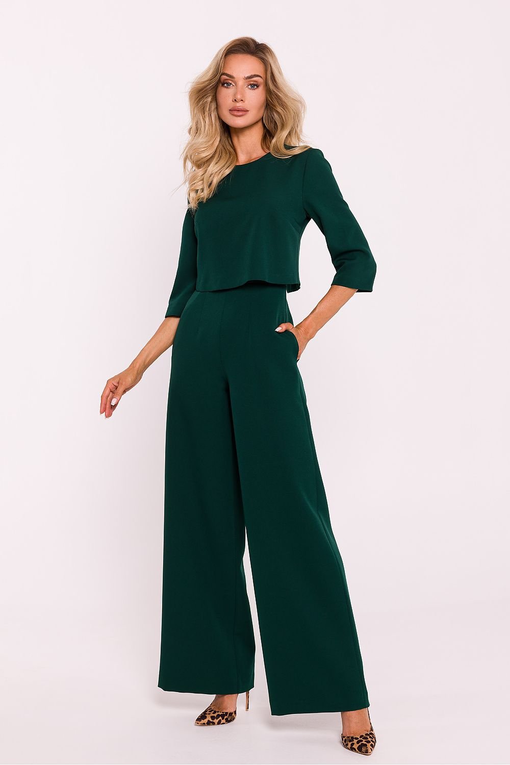 TEEK - Cropped Suit Top Flared Leg Jumpsuit JUMPSUIT TEEK MH green S