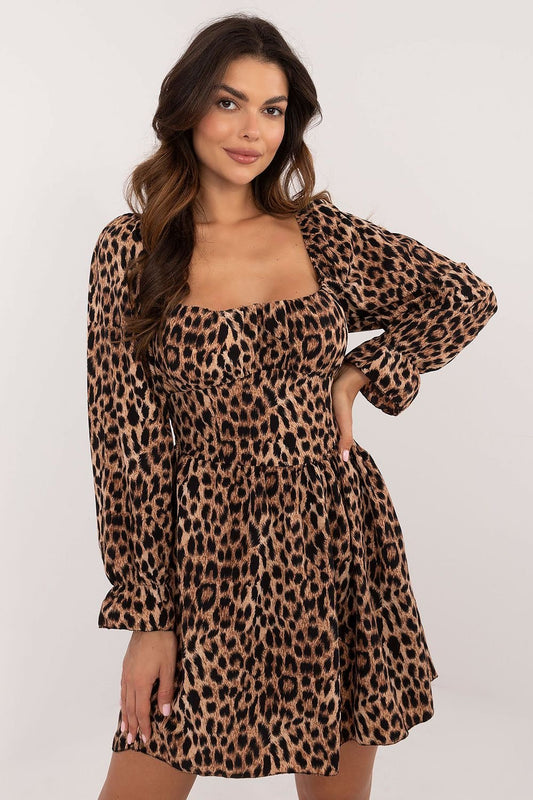 TEEK - Squared Neckline Feline Print Dress DRESS TEEK MH beige One Size