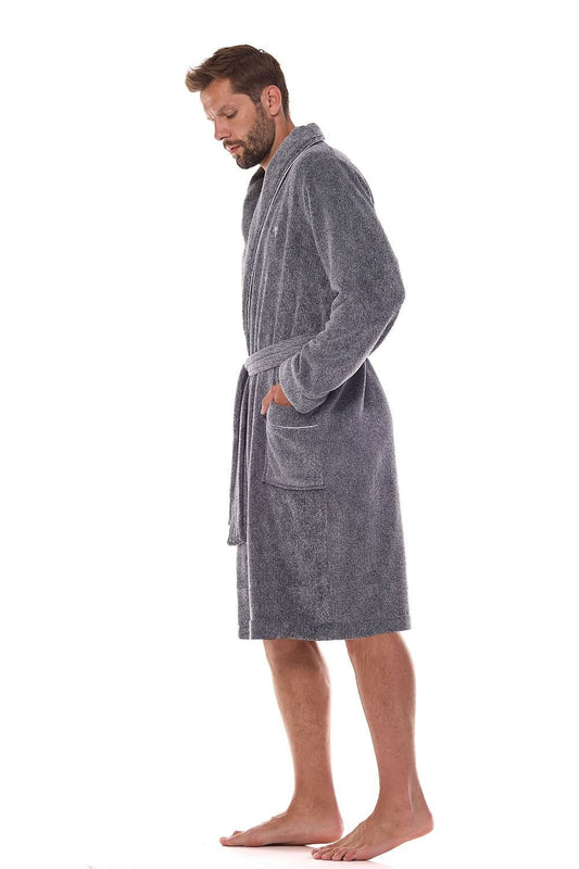 TEEK - Mens Grey Piped White Pocketed Belted Bathrobe ROBE TEEK MH M