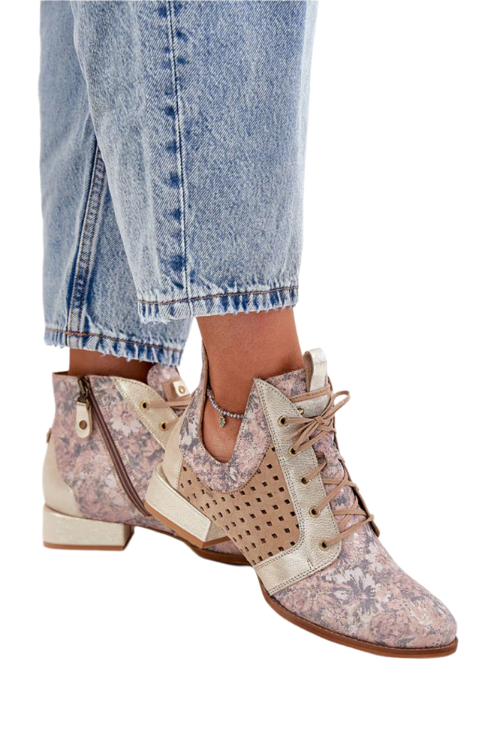 TEEK - Luxury Beige Floral Mixed Media Maciejka Zipped Boots SHOES TEEK MH 6.5
