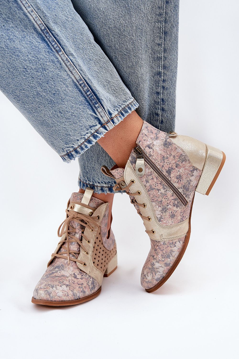 TEEK - Luxury Beige Floral Mixed Media Maciejka Zipped Boots SHOES TEEK MH