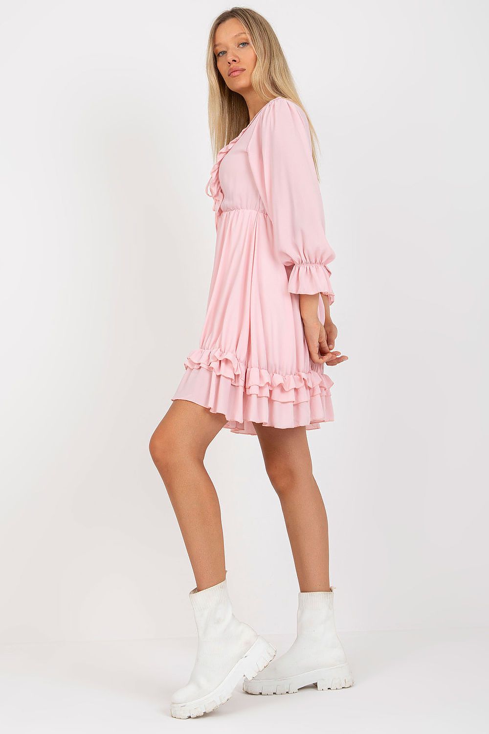TEEK - Long Sleeve Ruffled V-Neck Tie Dress DRESS TEEK MH