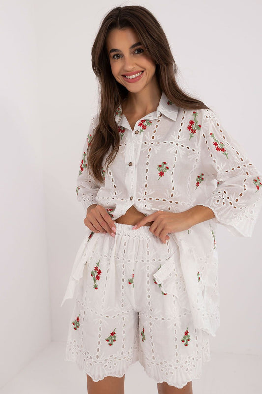 TEEK - White Poked Red Floral Shirt Short Set SET TEEK MH