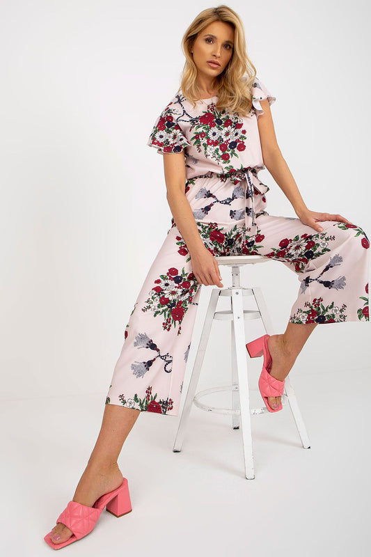 TEEK - Pink Floral Short Ruffle Sleeve Belted Suit JUMPSUIT TEEK MH