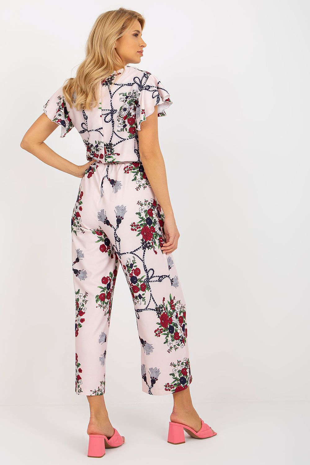 TEEK - Pink Floral Short Ruffle Sleeve Belted Suit JUMPSUIT TEEK MH