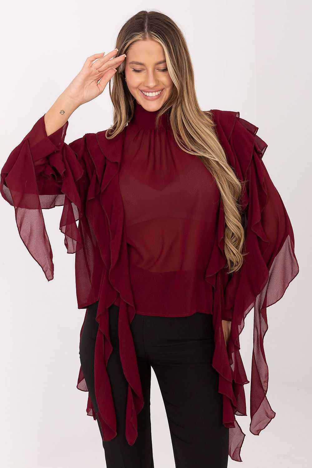 TEEK - Turtleneck Sheer Arm Drip Blouse TOPS TEEK MH red One Size