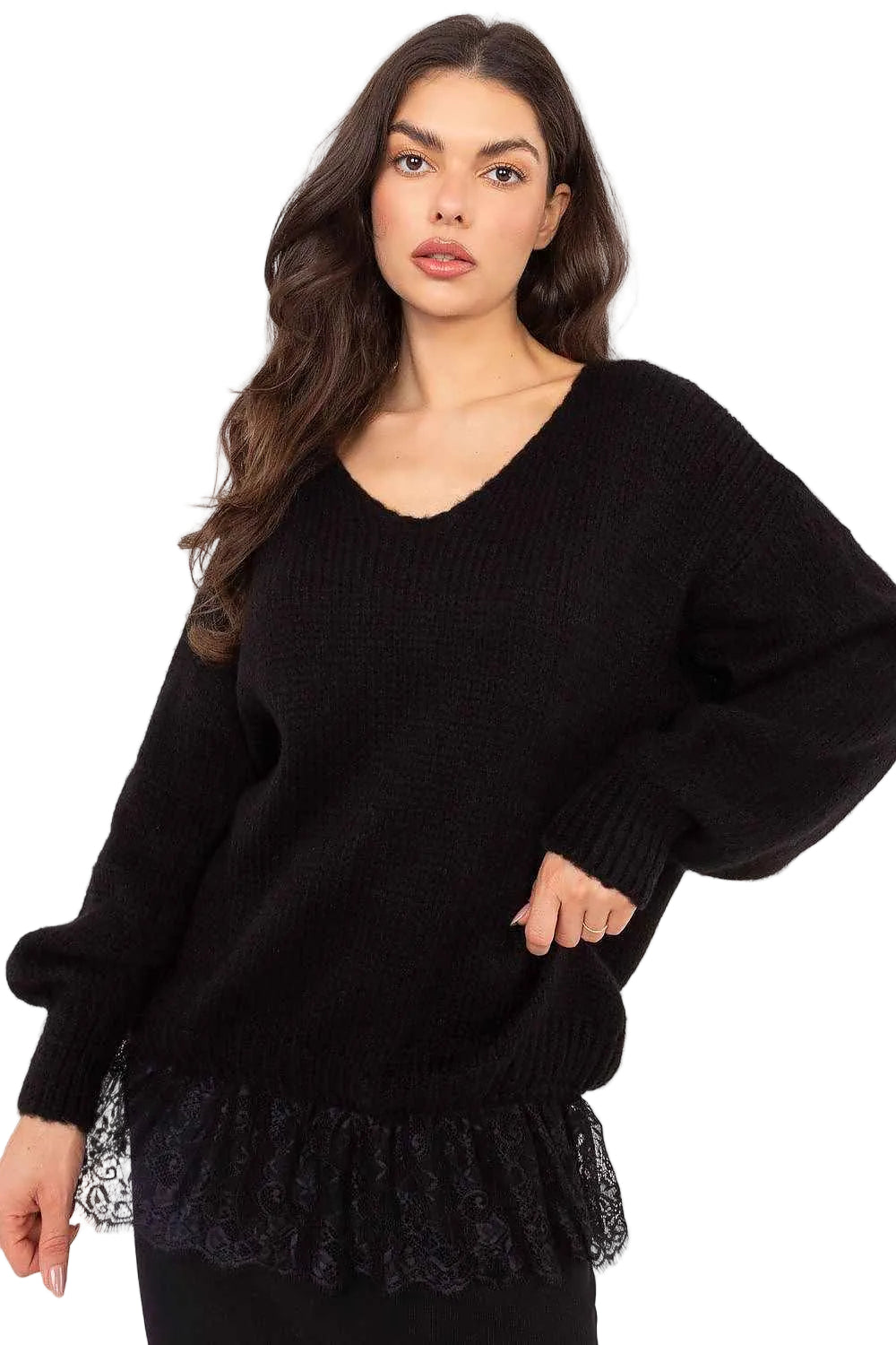 TEEK - Lace Ruffle Bottom Loose Long Sleeve Sweater TOPS TEEK MH black One Size