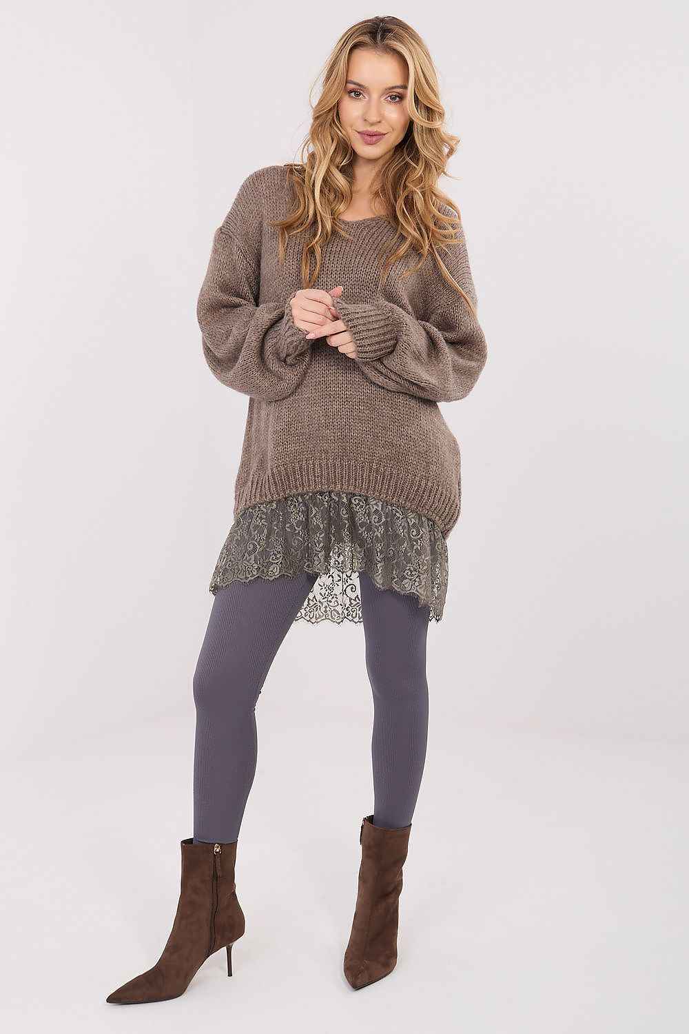 TEEK - Lace Ruffle Bottom Loose Long Sleeve Sweater TOPS TEEK MH beige One Size