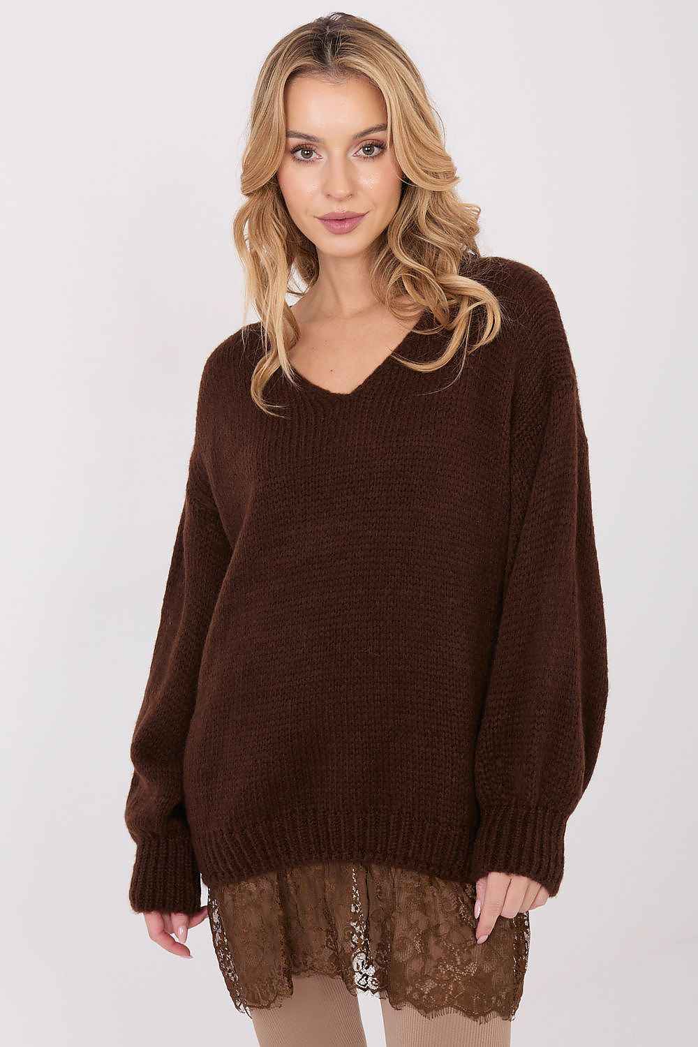 TEEK - Lace Ruffle Bottom Loose Long Sleeve Sweater TOPS TEEK MH brown One Size