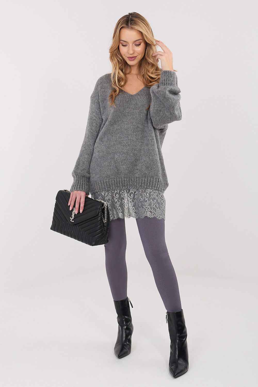 TEEK - Lace Ruffle Bottom Loose Long Sleeve Sweater TOPS TEEK MH grey One Size