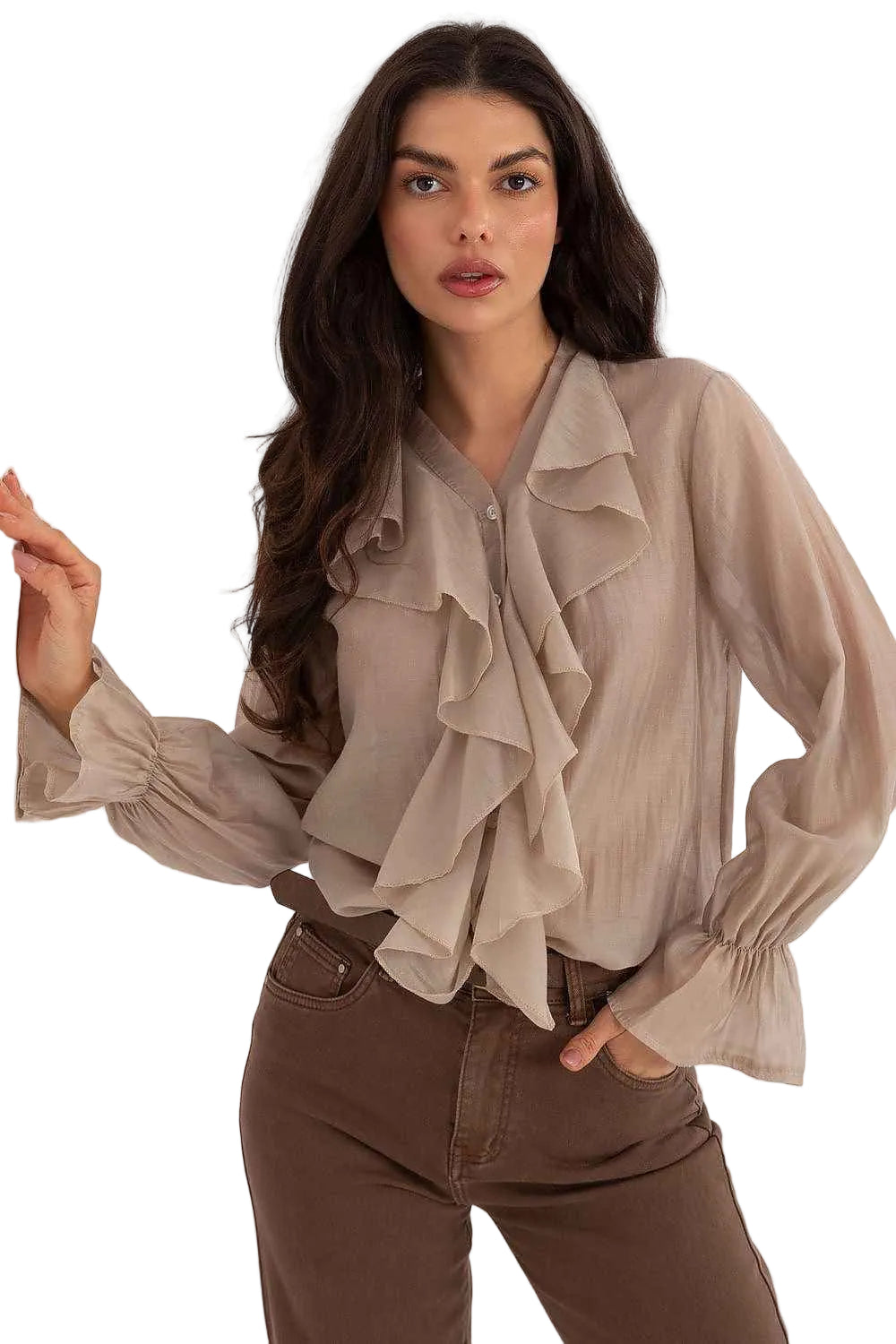 TEEK - Long Sleeve Ruffle Over Blouse TOPS TEEK MH beige One Size