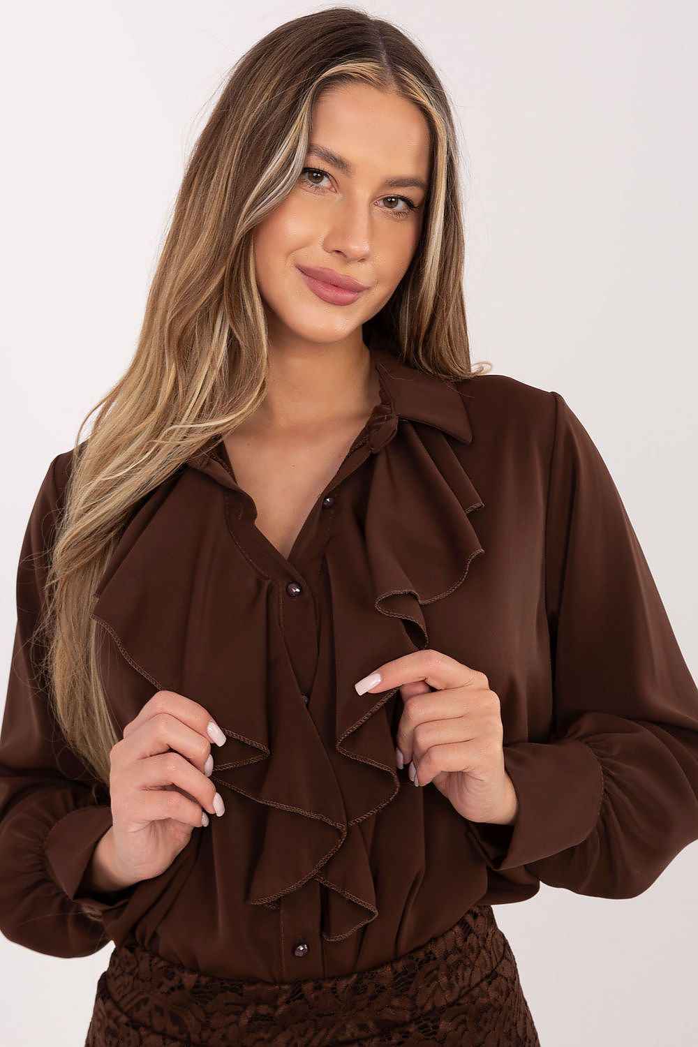 TEEK - Ruffle Down Long Sleeve Blouse TOPS TEEK MH brown 2 One Size