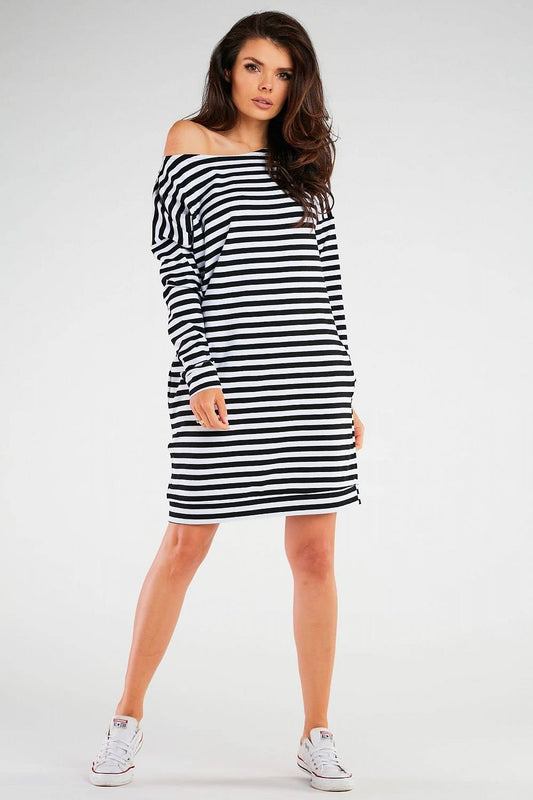 TEEK - Black White Striped One-Shoulder Daydress