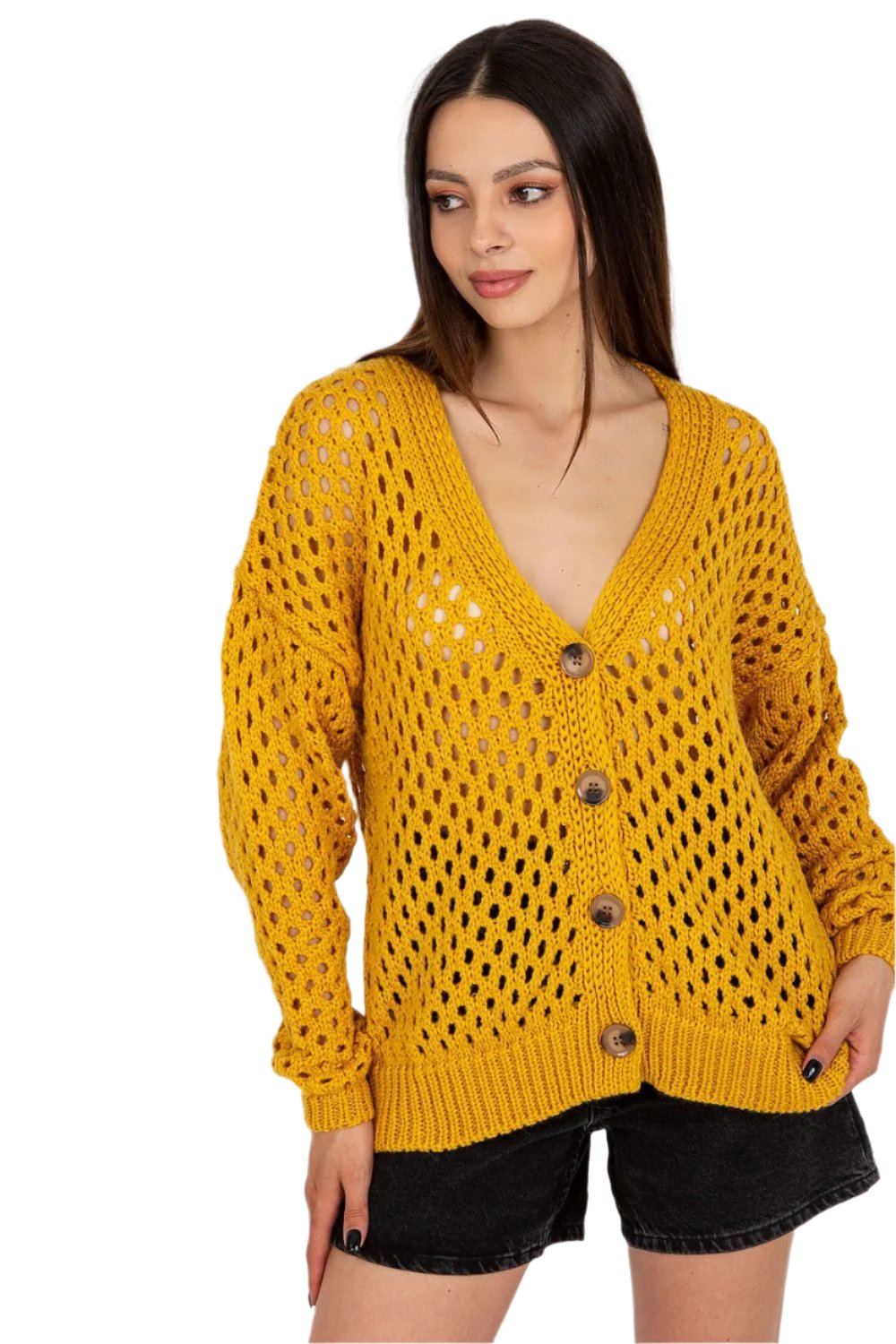 TEEK - Buttoned Openwork V-Neck Cardigan SWEATER TEEK MH yellow One Size