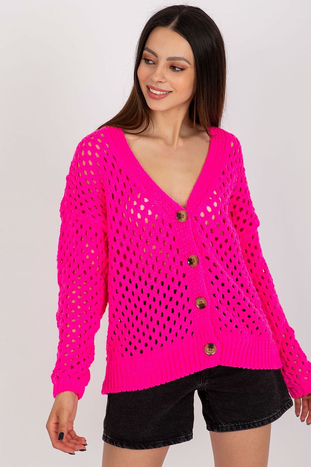 TEEK - Buttoned Openwork V-Neck Cardigan SWEATER TEEK MH pink One Size