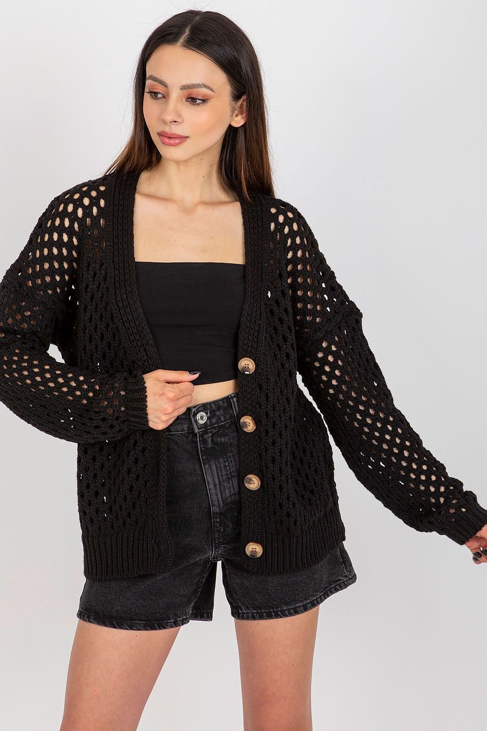 TEEK - Buttoned Openwork V-Neck Cardigan SWEATER TEEK MH black One Size