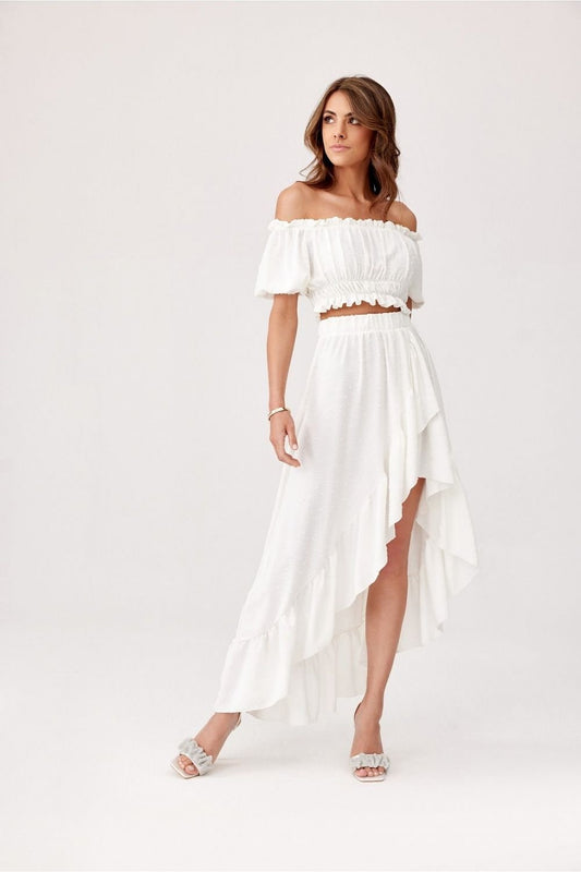 TEEK - Beige Off-Shoulder Ruffle Crop Top Skirt Set SET TEEK MH