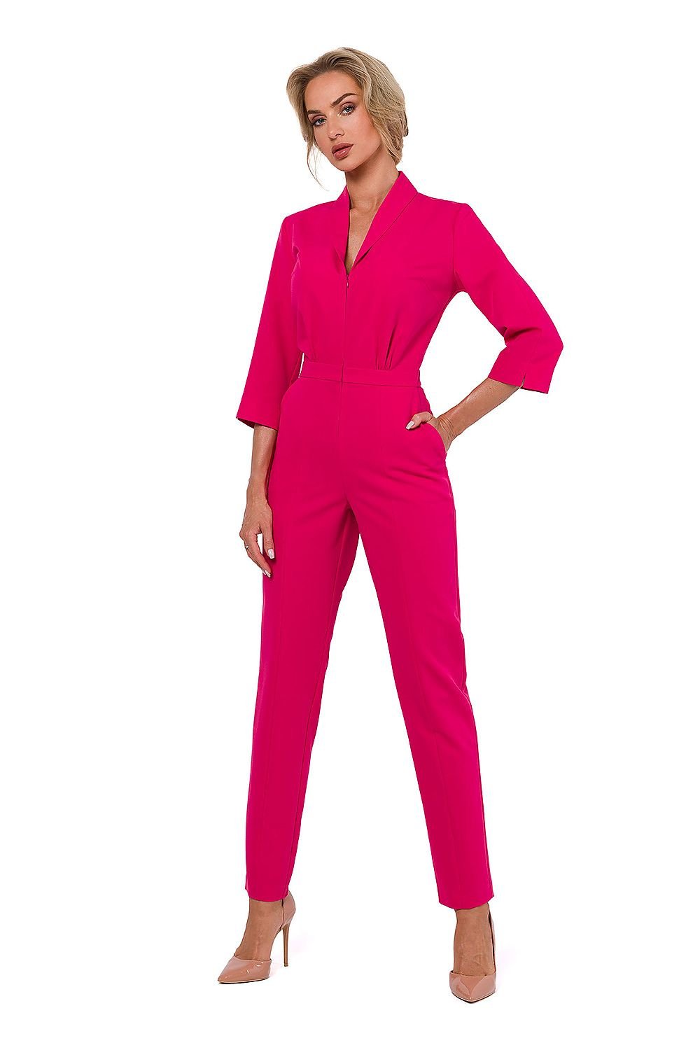 TEEK - Pocketed Sleek V-Neck Supervise Jumpsuit JUMPSUIT TEEK MH pink S