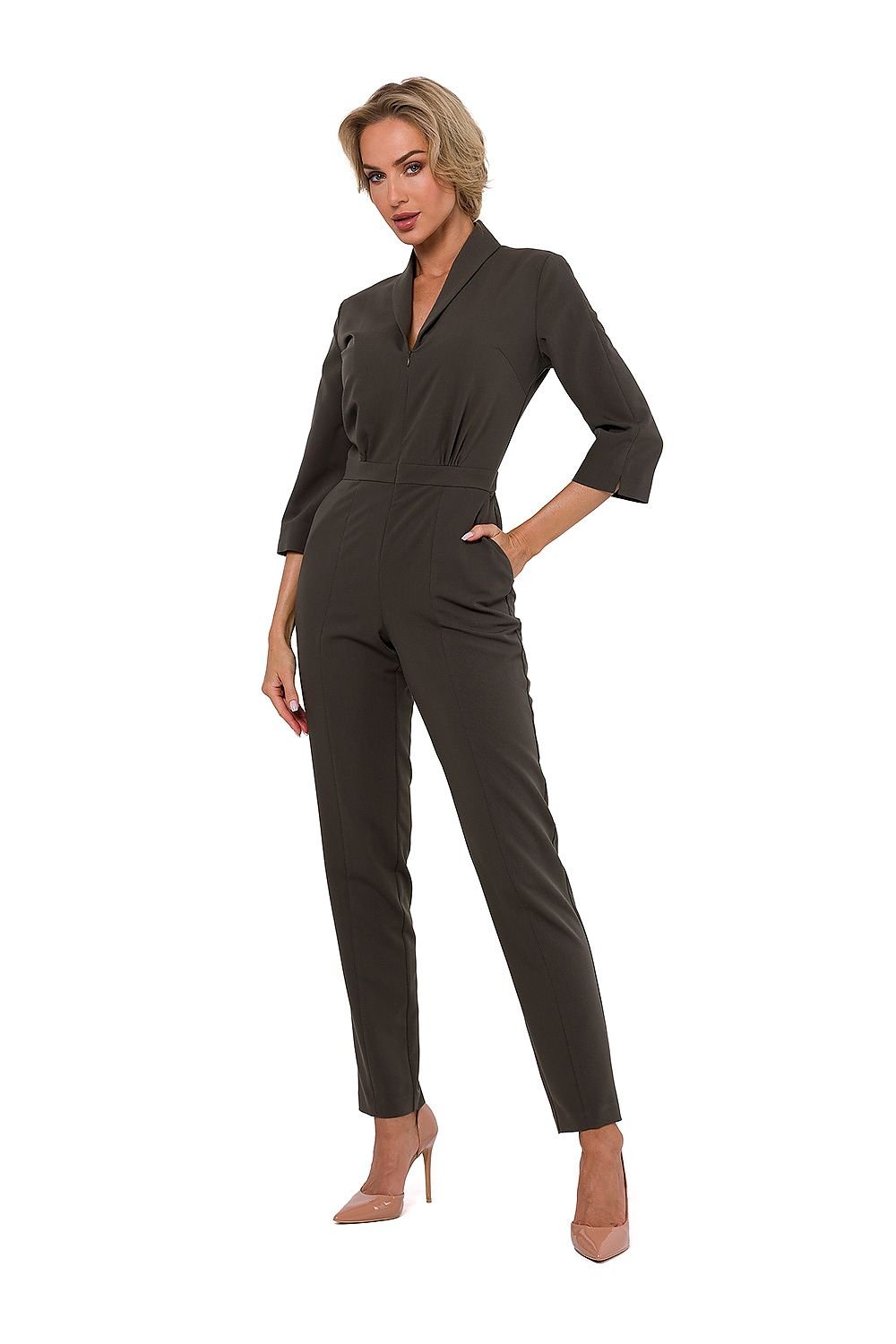 TEEK - Pocketed Sleek V-Neck Supervise Jumpsuit JUMPSUIT TEEK MH grey moss S