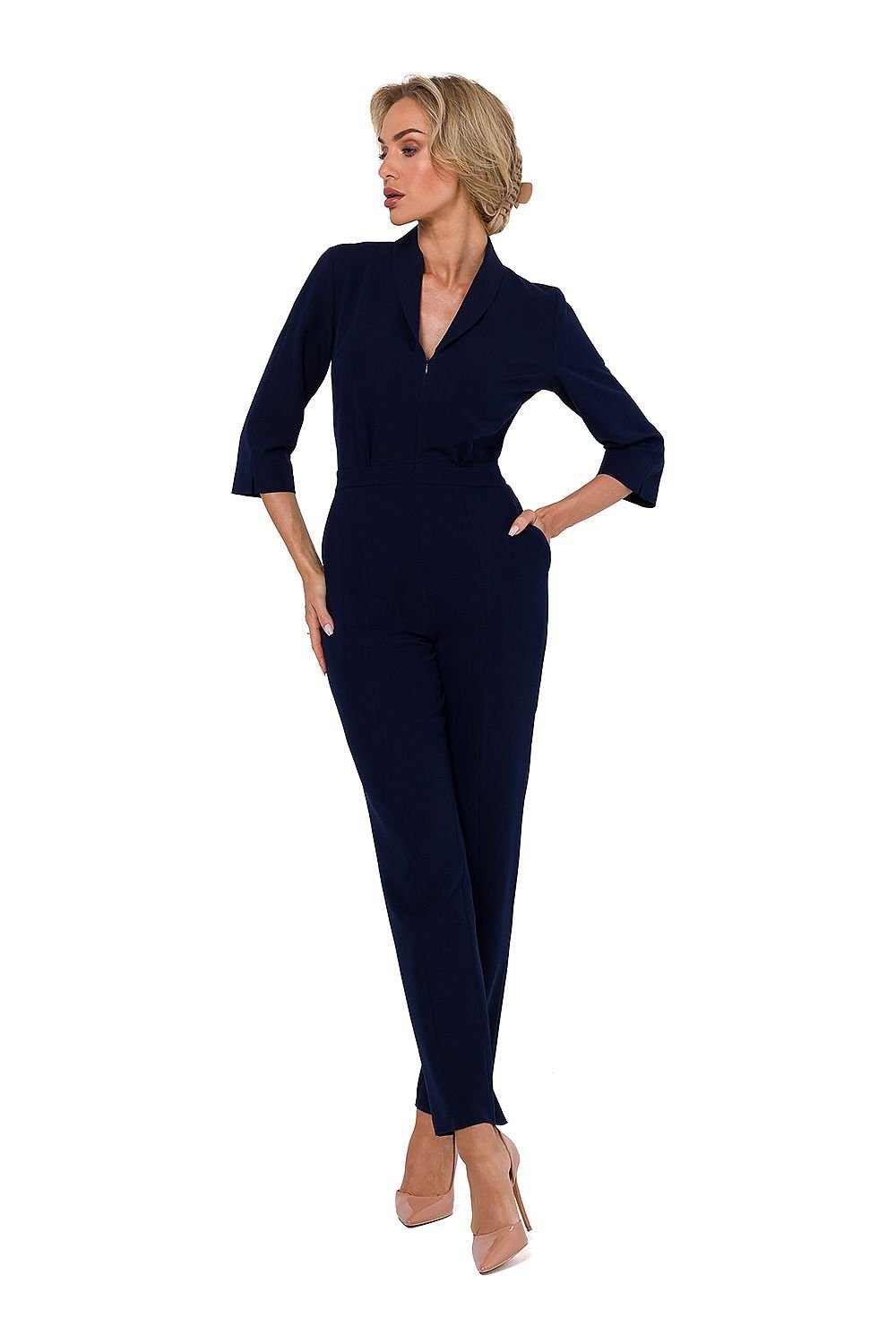 TEEK - Pocketed Sleek V-Neck Supervise Jumpsuit JUMPSUIT TEEK MH navy blue S
