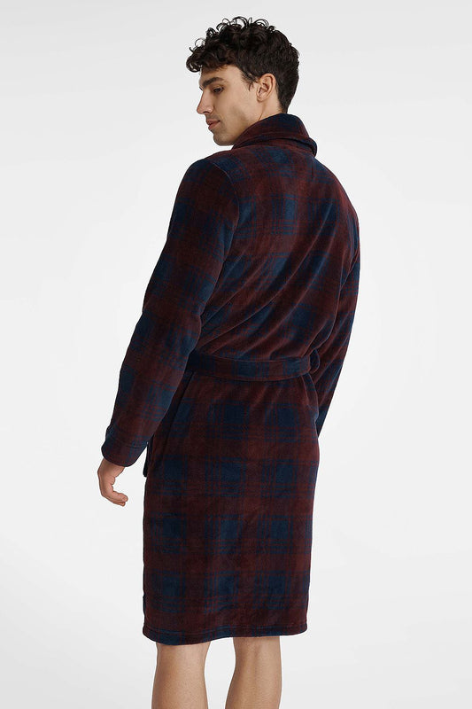 TEEK - Mens Deep Wine Plaid Beted Pocketed Bathrobe ROBE TEEK MH