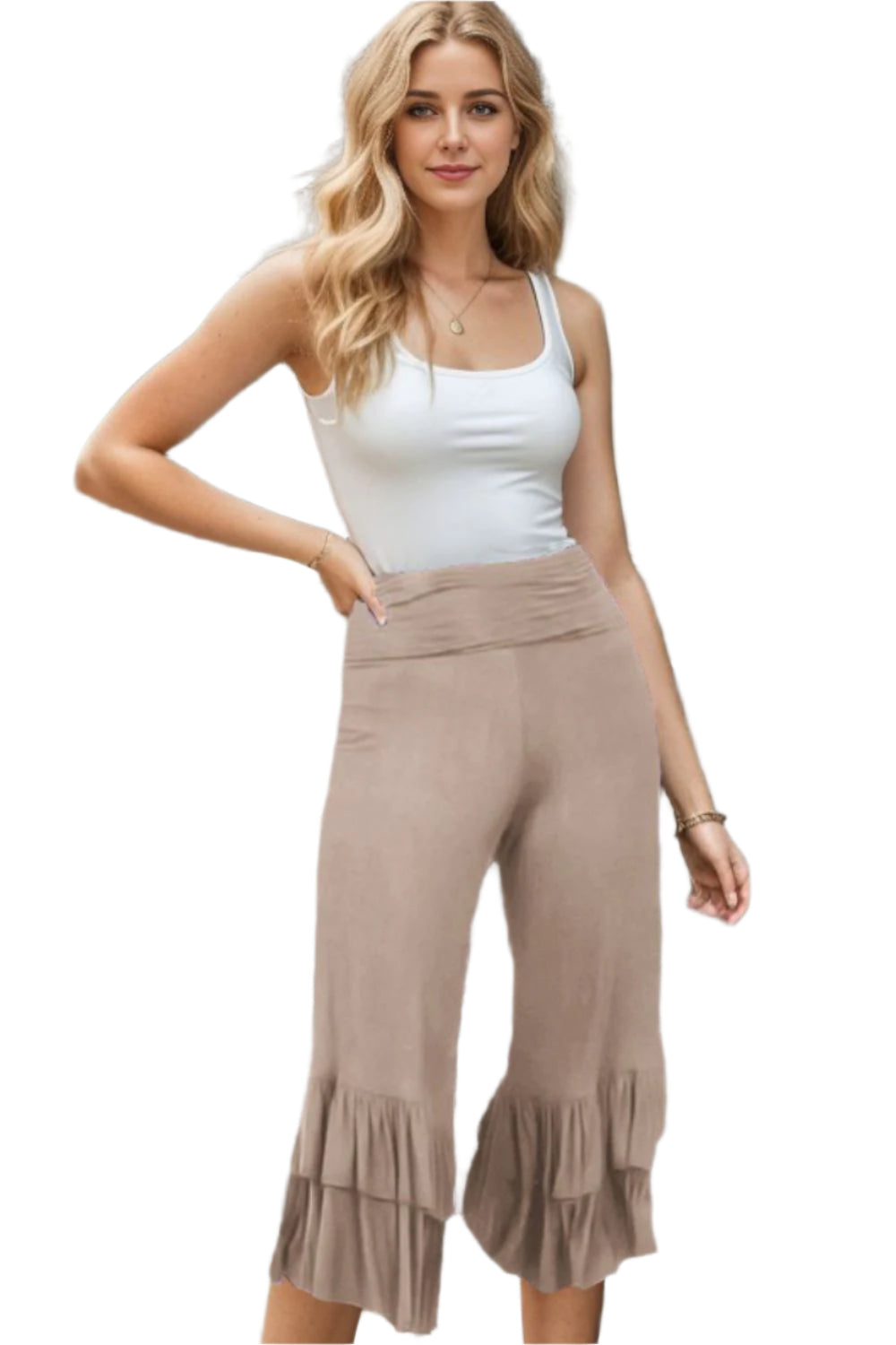 TEEK - Oatmeal Heimish Ruffled High Waist Wide Leg Pants PANTS TEEK Trend S